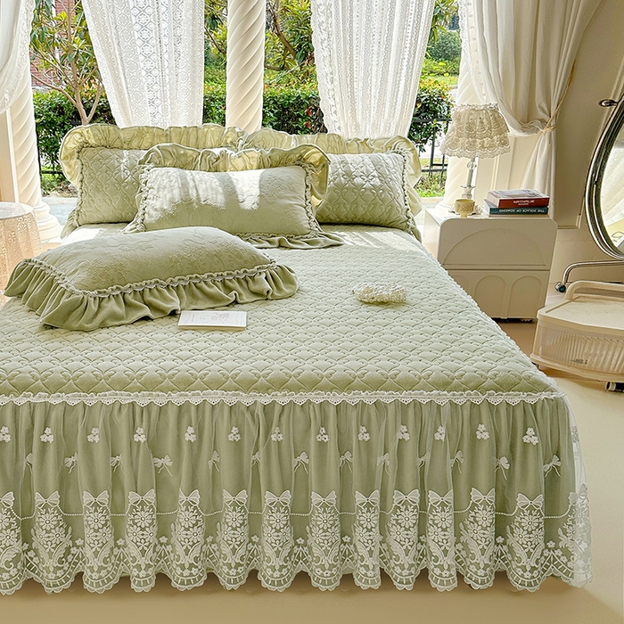 91家纺网 家纺一手货源 找家纺 罗艺轩【控价】 2025新款立体雕花牛奶绒加厚保暖床裙款四件套-安琪儿 安琪儿-绿