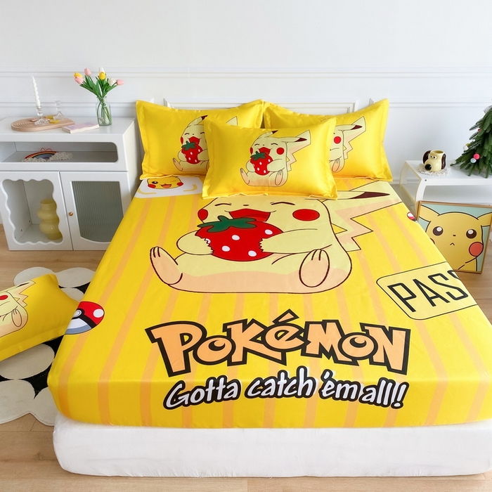 91家纺网 家纺一手货源 找家纺 一电 2025新款跨境电商外贸夏季卡通冰丝凉席床笠可水洗学生宿舍单人空调席子 草莓皮卡丘