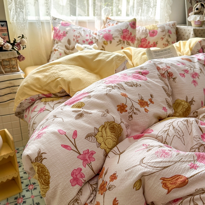 91家纺网 家纺一手货源 找家纺 花伞家居 2025新款印花双层纱四件套（提供买家秀） 繁花