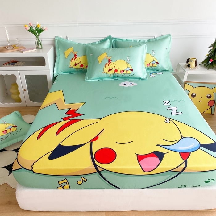 91家纺网 家纺一手货源 找家纺 一电 2025新款跨境电商外贸夏季卡通冰丝凉席床笠可水洗学生宿舍单人空调席子 呼呼皮卡丘