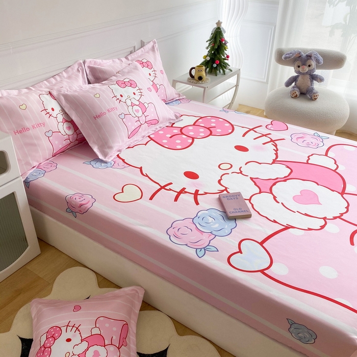 91家纺网 家纺一手货源 找家纺 一电 2025新款跨境电商外贸夏季卡通冰丝凉席床笠可水洗学生宿舍单人空调席子 害羞KT