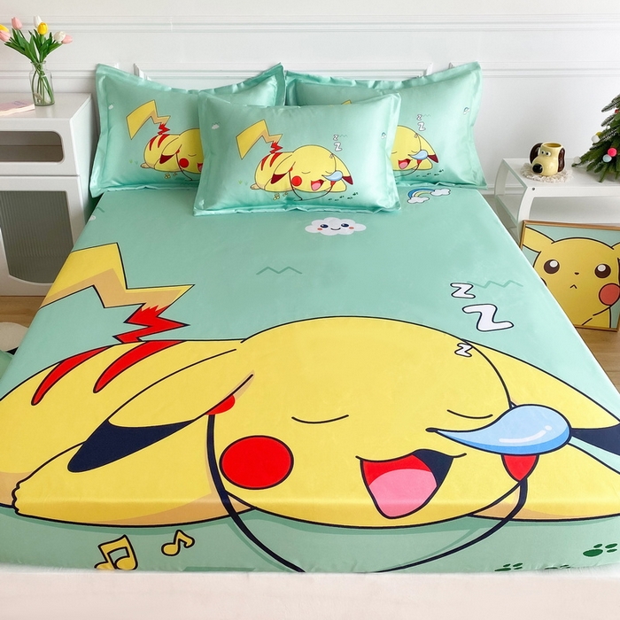 91家纺网 家纺一手货源 找家纺 一电 2025新款跨境电商外贸夏季卡通冰丝凉席床笠可水洗学生宿舍单人空调席子 呼呼皮卡丘