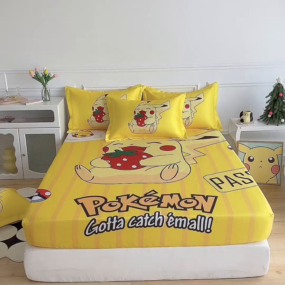 91家纺网 家纺一手货源 找家纺 一电 2025新款跨境电商外贸夏季卡通冰丝凉席床笠可水洗学生宿舍单人空调席子 草莓皮卡丘