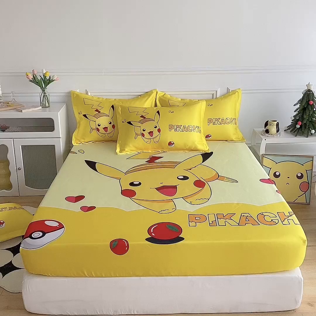 91家纺网 家纺一手货源 找家纺 一电 2025新款跨境电商外贸夏季卡通冰丝凉席床笠可水洗学生宿舍单人空调席子 奔跑皮卡丘