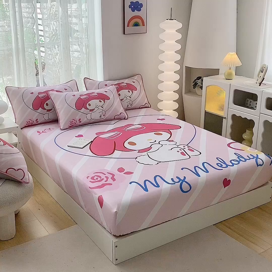 91家纺网 家纺一手货源 找家纺 一电 2025新款跨境电商外贸夏季卡通冰丝凉席床笠可水洗学生宿舍单人空调席子 咪咪美乐