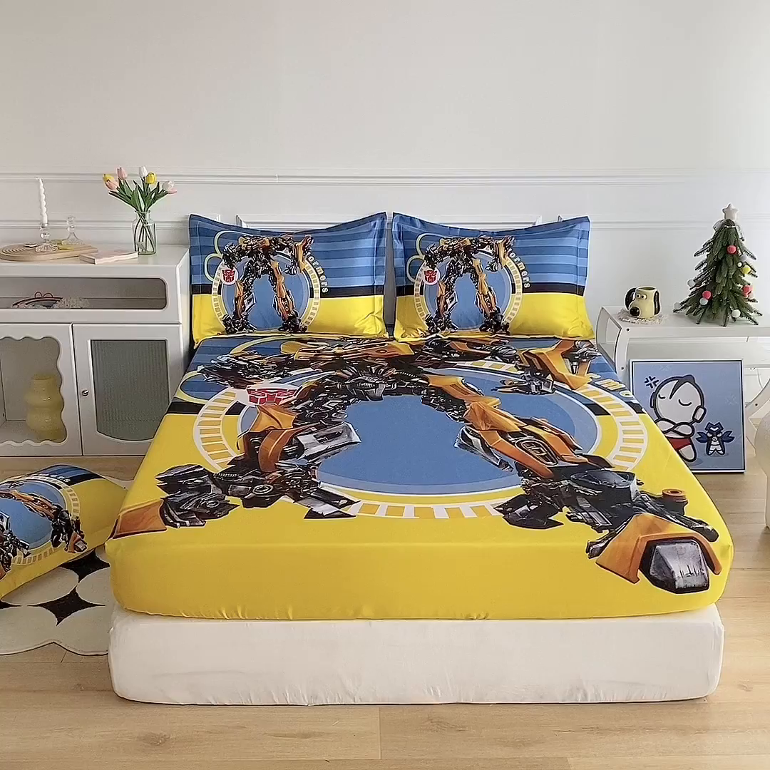 91家纺网 家纺一手货源 找家纺 一电 2025新款跨境电商外贸夏季卡通冰丝凉席床笠可水洗学生宿舍单人空调席子 黄蜂机器人