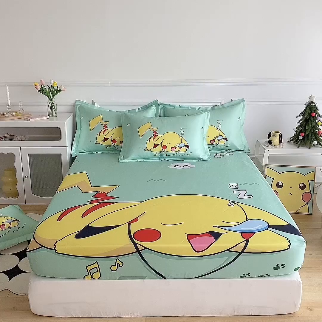 91家纺网 家纺一手货源 找家纺 一电 2025新款跨境电商外贸夏季卡通冰丝凉席床笠可水洗学生宿舍单人空调席子 呼呼皮卡丘