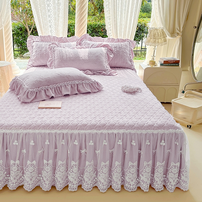 91家纺网 家纺一手货源 找家纺 罗艺轩【控价】 2025新款立体雕花牛奶绒加厚保暖床裙款四件套-安琪儿 安琪儿-紫