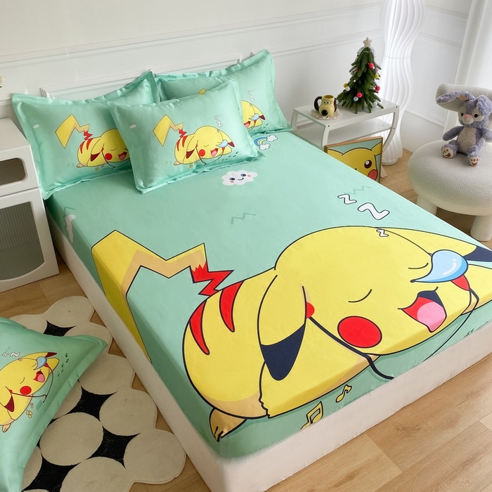 91家纺网 家纺一手货源 找家纺 一电 2025新款跨境电商外贸夏季卡通冰丝凉席床笠可水洗学生宿舍单人空调席子 呼呼皮卡丘