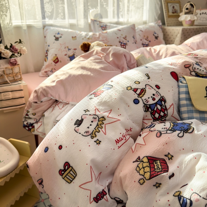 91家纺网 家纺一手货源 找家纺 花伞家居 2025新款印花双层纱四件套（提供买家秀） 马戏团