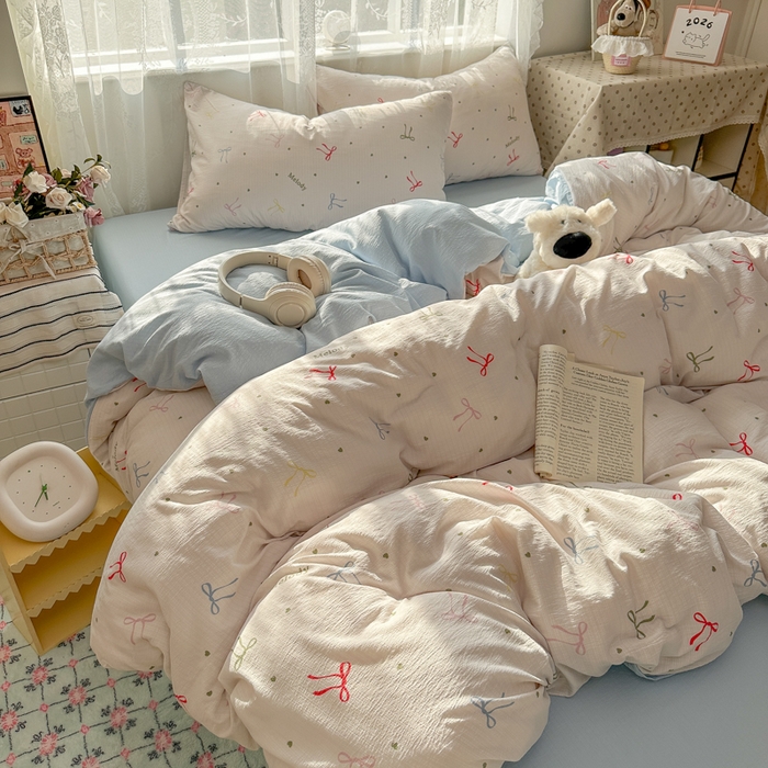 91家纺网 家纺一手货源 找家纺 花伞家居 2025新款印花双层纱四件套（提供买家秀） 七彩蝴蝶结