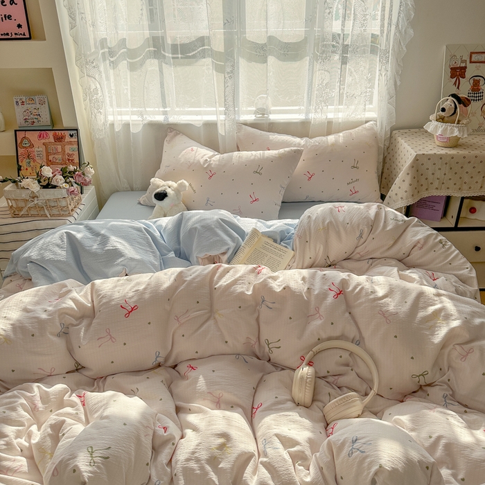 91家纺网 家纺一手货源 找家纺 花伞家居 2025新款印花双层纱四件套（提供买家秀） 七彩蝴蝶结