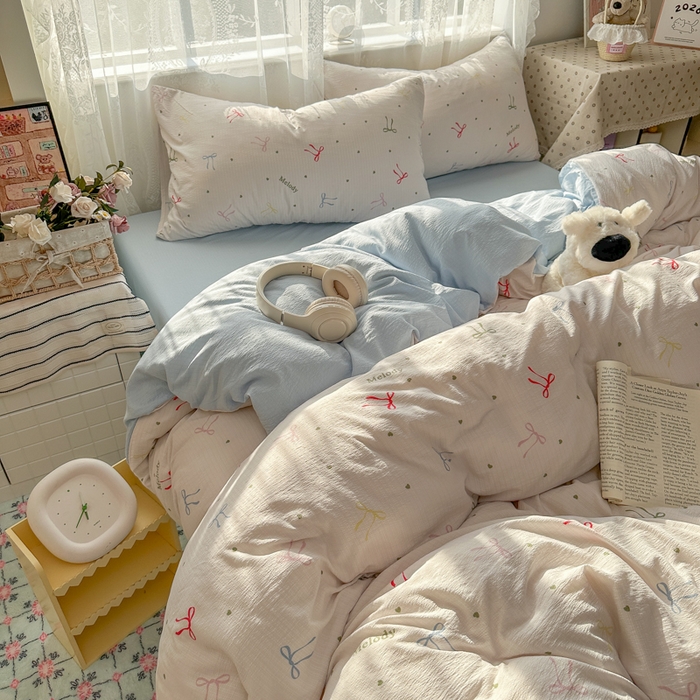 91家纺网 家纺一手货源 找家纺 花伞家居 2025新款印花双层纱四件套（提供买家秀） 七彩蝴蝶结