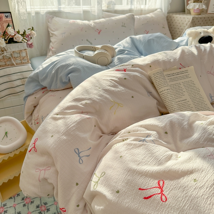 91家纺网 家纺一手货源 找家纺 花伞家居 2025新款印花双层纱四件套（提供买家秀） 七彩蝴蝶结