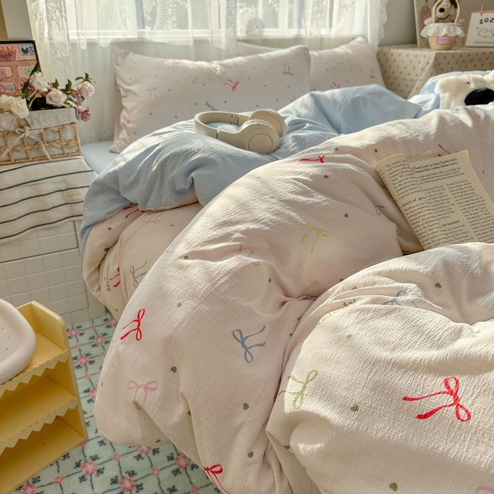 91家纺网 家纺一手货源 找家纺 花伞家居 2025新款印花双层纱四件套（提供买家秀） 七彩蝴蝶结