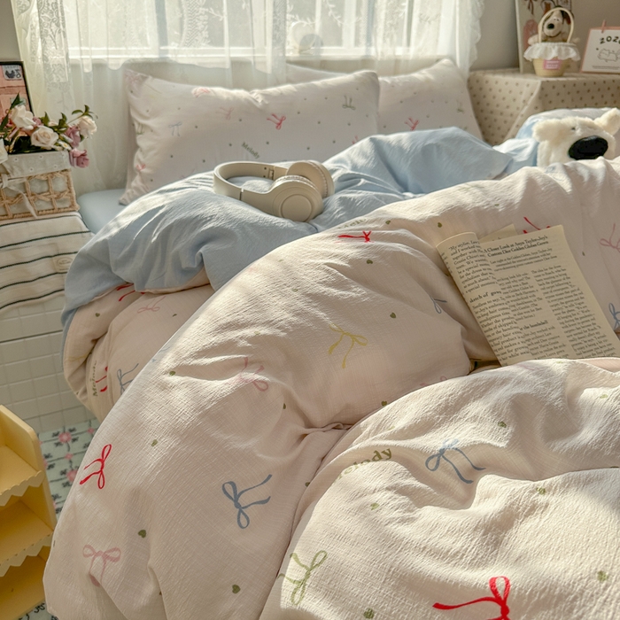 91家纺网 家纺一手货源 找家纺 花伞家居 2025新款印花双层纱四件套（提供买家秀） 七彩蝴蝶结