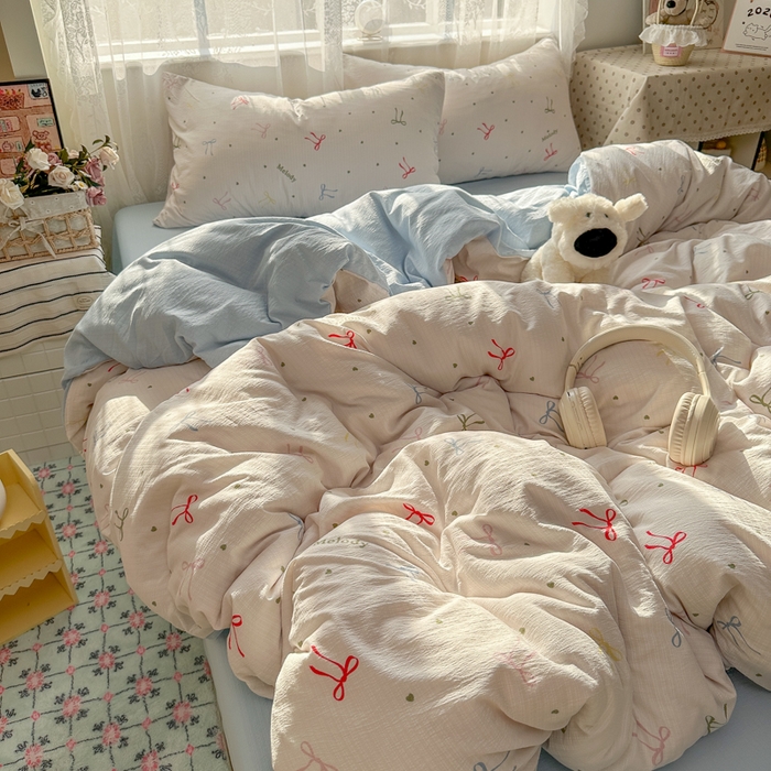 91家纺网 家纺一手货源 找家纺 花伞家居 2025新款印花双层纱四件套（提供买家秀） 七彩蝴蝶结