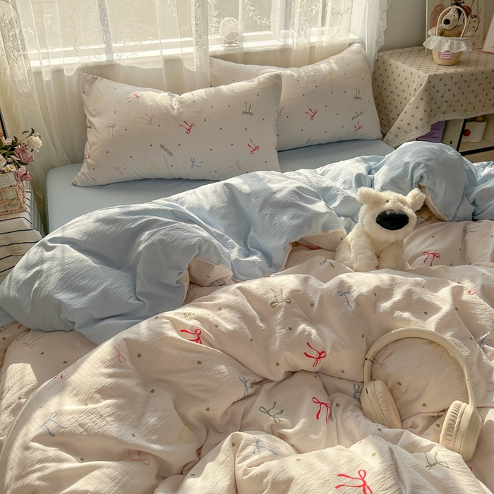 91家纺网 家纺一手货源 找家纺 花伞家居 2025新款印花双层纱四件套（提供买家秀） 七彩蝴蝶结