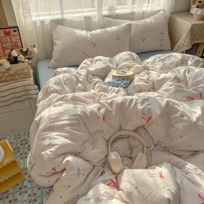 91家纺网 家纺一手货源 找家纺 花伞家居 2025新款印花双层纱四件套（提供买家秀） 七彩蝴蝶结