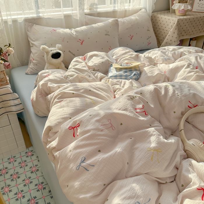 91家纺网 家纺一手货源 找家纺 花伞家居 2025新款印花双层纱四件套（提供买家秀） 七彩蝴蝶结