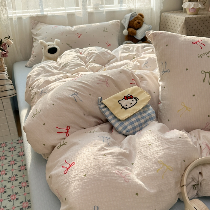 91家纺网 家纺一手货源 找家纺 花伞家居 2025新款印花双层纱四件套（提供买家秀） 七彩蝴蝶结