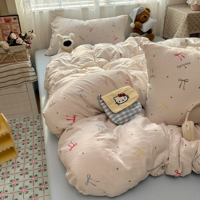 91家纺网 家纺一手货源 找家纺 花伞家居 2025新款印花双层纱四件套（提供买家秀） 七彩蝴蝶结