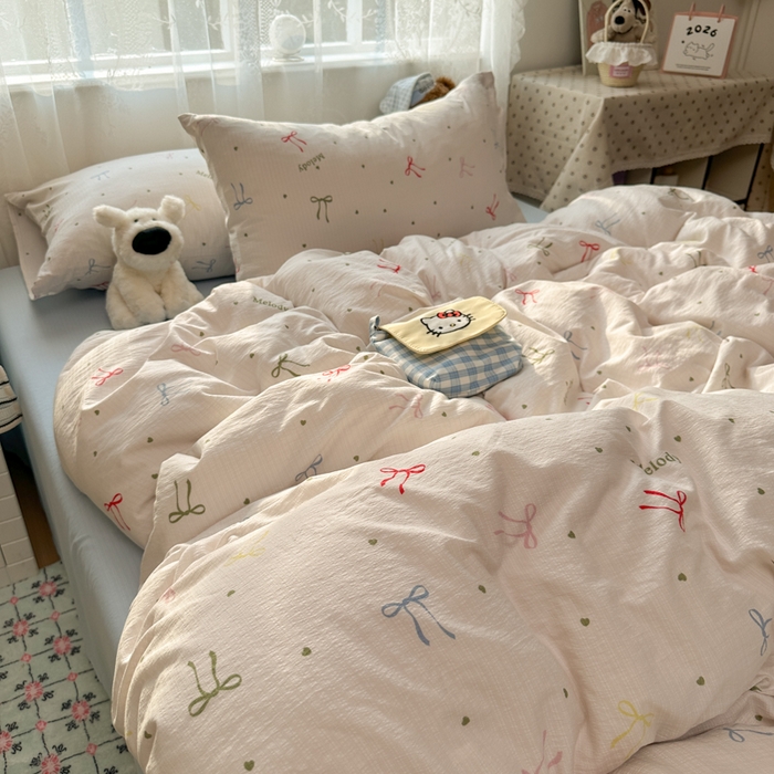 91家纺网 家纺一手货源 找家纺 花伞家居 2025新款印花双层纱四件套（提供买家秀） 七彩蝴蝶结