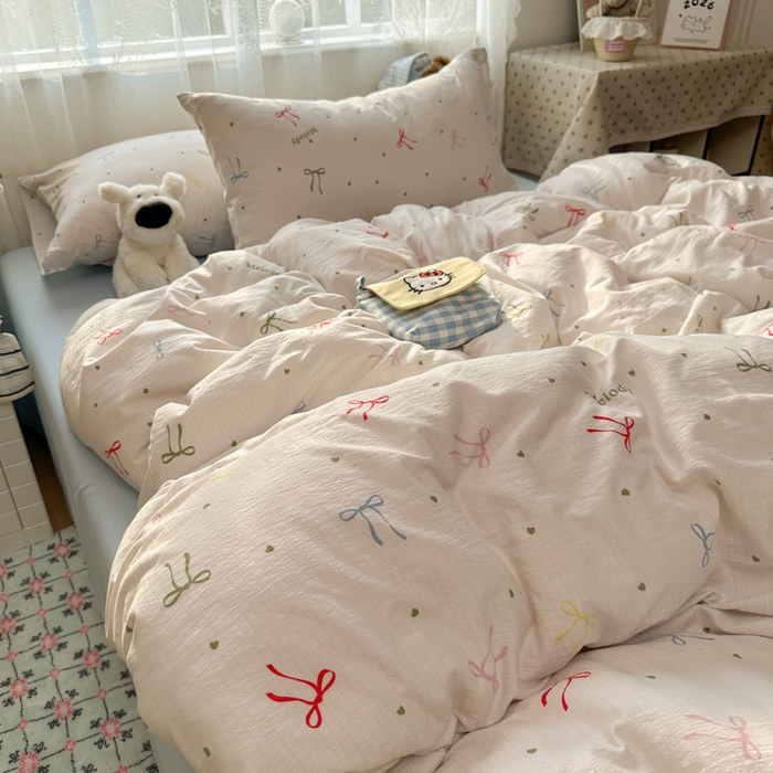 91家纺网 家纺一手货源 找家纺 花伞家居 2025新款印花双层纱四件套（提供买家秀） 七彩蝴蝶结