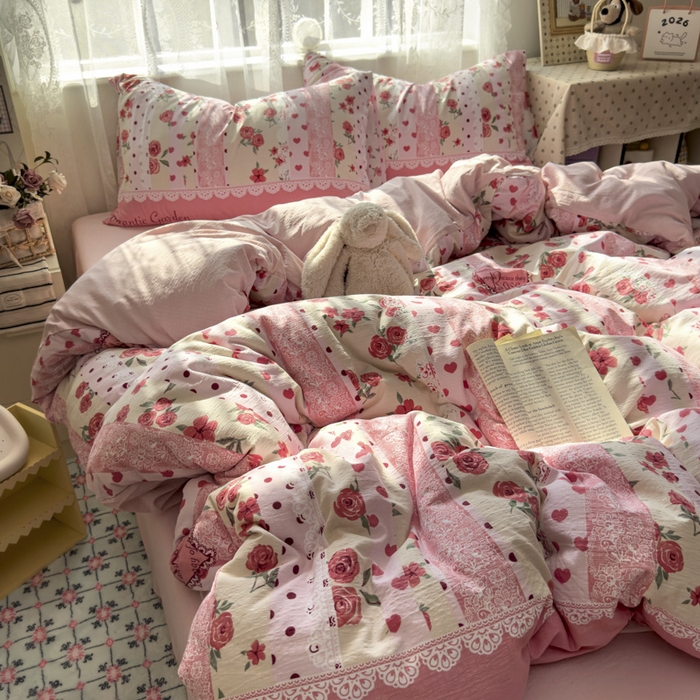 91家纺网 家纺一手货源 找家纺 花伞家居 2025新款印花双层纱四件套（提供买家秀） 热恋城堡