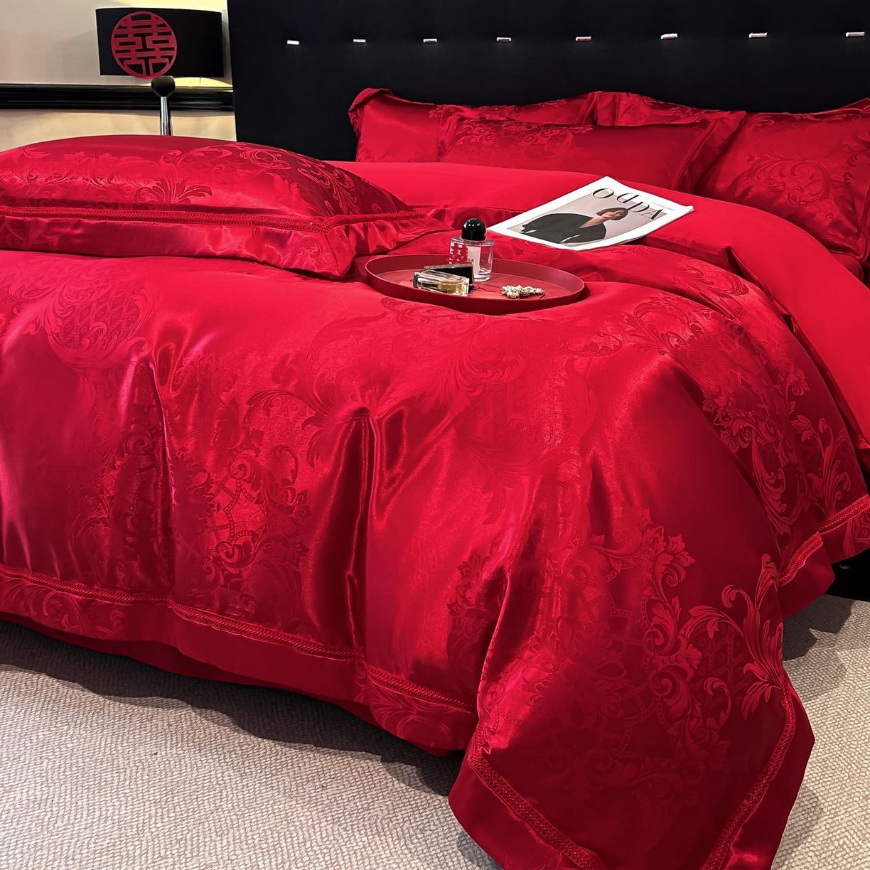 91家纺网 家纺一手货源 找家纺 （总）博纳家纺 2025新款亲肤棉高端色这提花婚庆镂空宽边高级简奢款拼四件套 控价劵后188（严格按控价来）