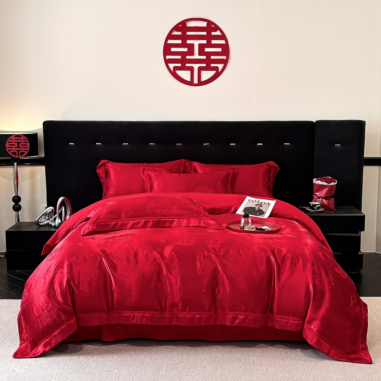 91家纺网 家纺一手货源 找家纺 （总）博纳家纺 2025新款亲肤棉高端色这提花婚庆镂空宽边高级简奢款拼四件套 控价劵后188（严格按控价来）