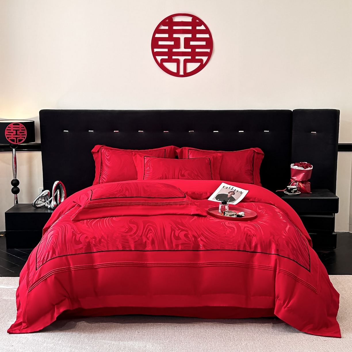 91家纺网 家纺一手货源 找家纺 （总）博纳家纺 2025新款亲肤棉高端色这提花婚庆镂空宽边高级简奢款拼四件套 控价劵后188（严格按控价来）