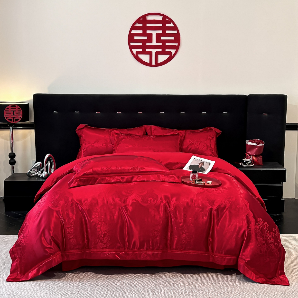 91家纺网 家纺一手货源 找家纺 （总）博纳家纺 2025新款亲肤棉高端色这提花婚庆镂空宽边高级简奢款拼四件套 控价劵后188（严格按控价来）