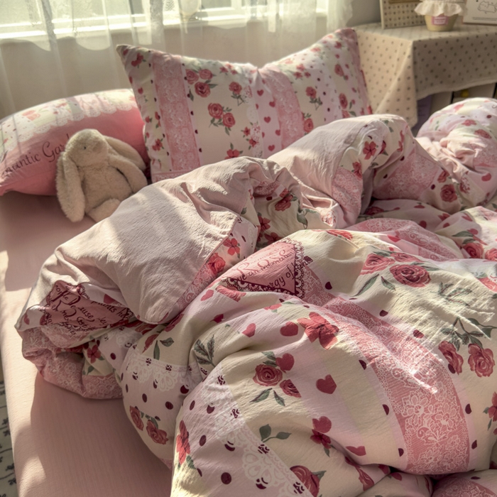 91家纺网 家纺一手货源 找家纺 花伞家居 2025新款印花双层纱四件套（提供买家秀） 热恋城堡