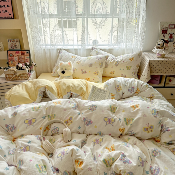 91家纺网 家纺一手货源 找家纺 花伞家居 2025新款印花双层纱四件套（提供买家秀） 童年蝴蝶