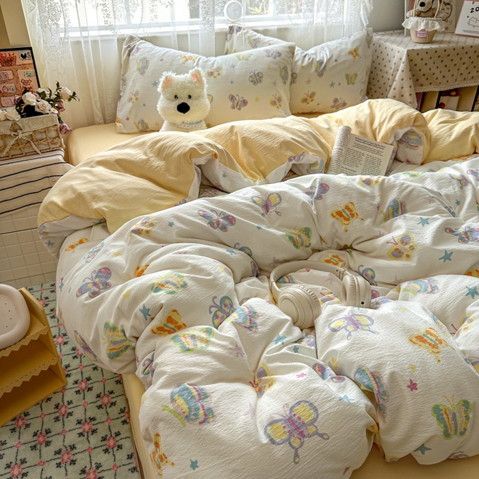 91家纺网 家纺一手货源 找家纺 花伞家居 2025新款印花双层纱四件套（提供买家秀） 童年蝴蝶