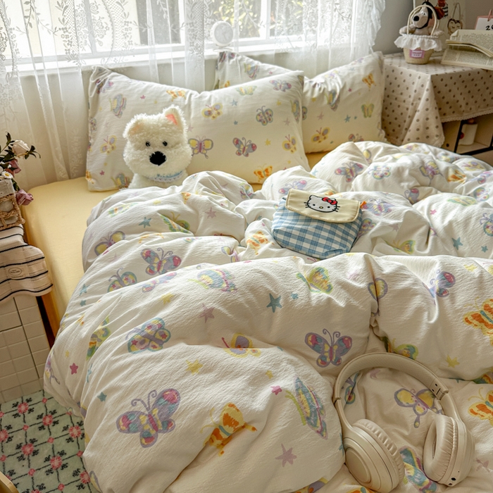 91家纺网 家纺一手货源 找家纺 花伞家居 2025新款印花双层纱四件套（提供买家秀） 童年蝴蝶