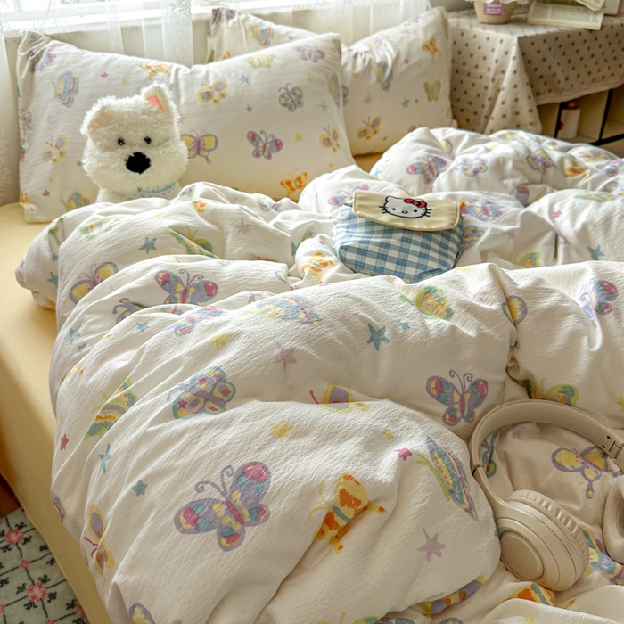 91家纺网 家纺一手货源 找家纺 花伞家居 2025新款印花双层纱四件套（提供买家秀） 童年蝴蝶