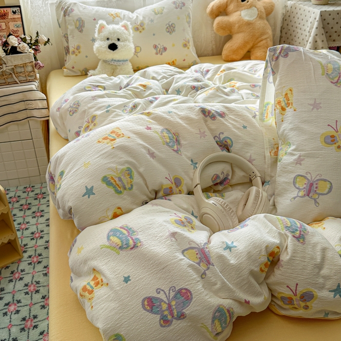 91家纺网 家纺一手货源 找家纺 花伞家居 2025新款印花双层纱四件套（提供买家秀） 童年蝴蝶