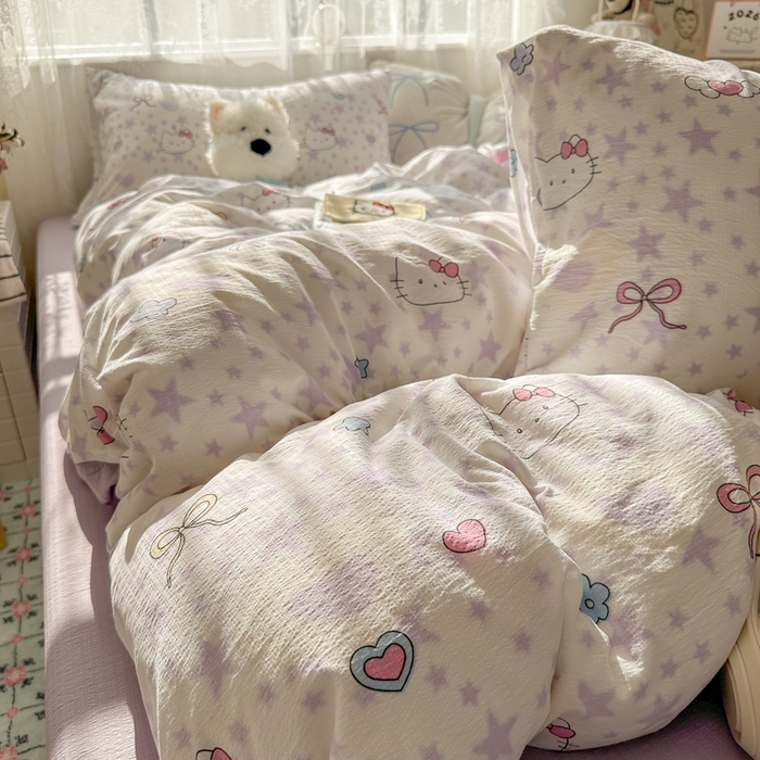 91家纺网 家纺一手货源 找家纺 花伞家居 2025新款印花双层纱四件套（提供买家秀） 星星猫