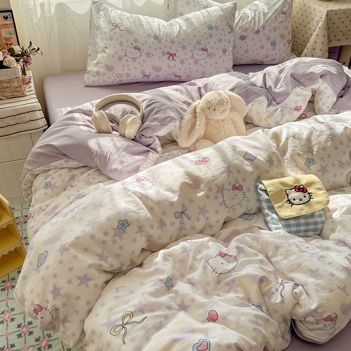 91家纺网 家纺一手货源 找家纺 花伞家居 2025新款印花双层纱四件套（提供买家秀） 星星猫