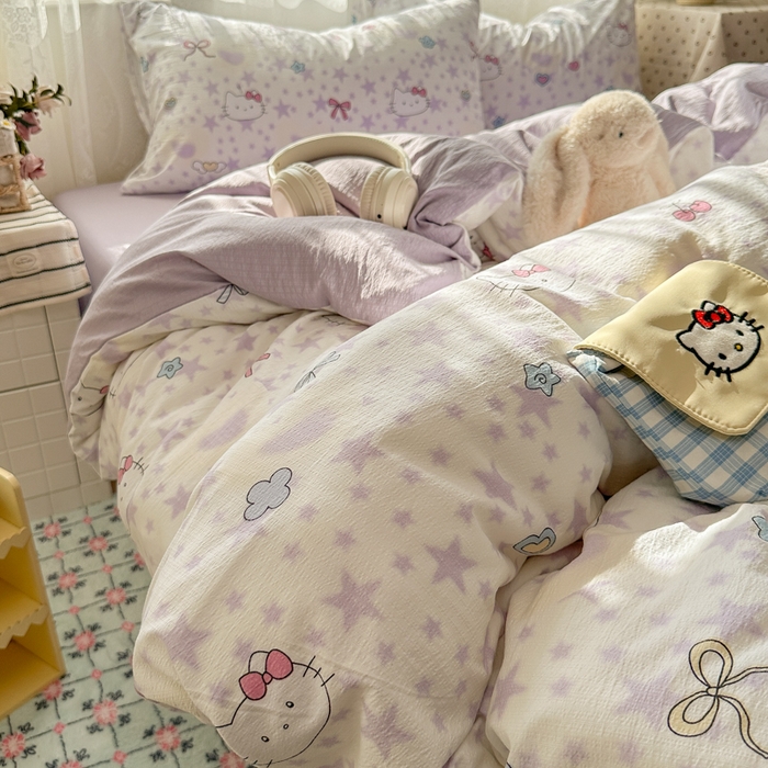 91家纺网 家纺一手货源 找家纺 花伞家居 2025新款印花双层纱四件套（提供买家秀） 星星猫