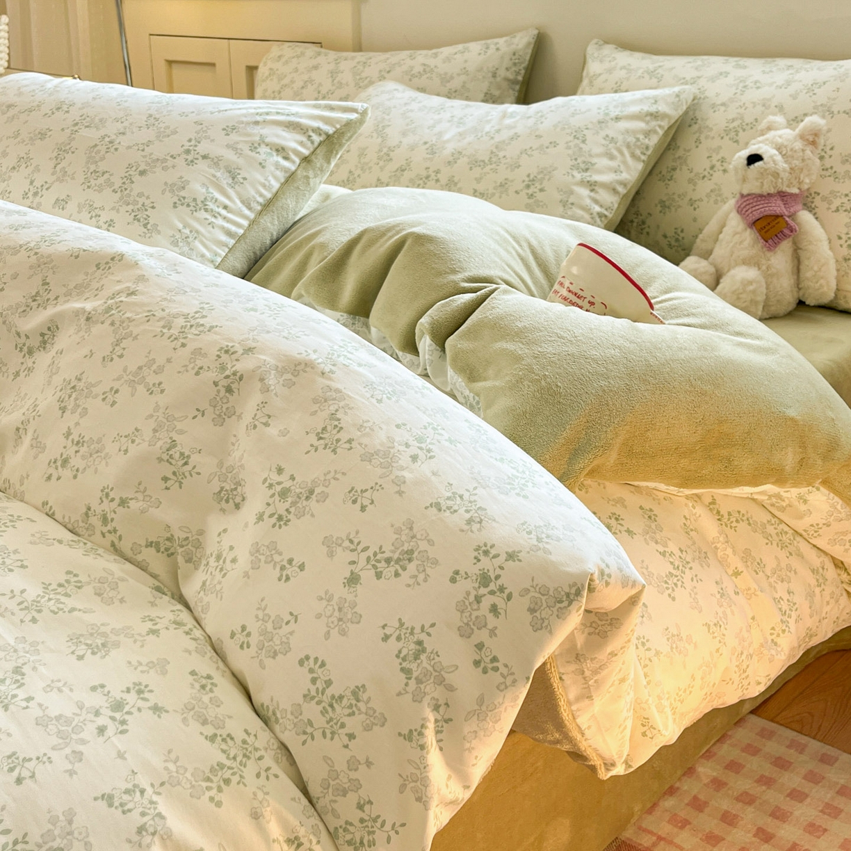 麦伦家居 2025秋冬新款多功能床品全棉+牛奶绒印花四件套 春风里绿