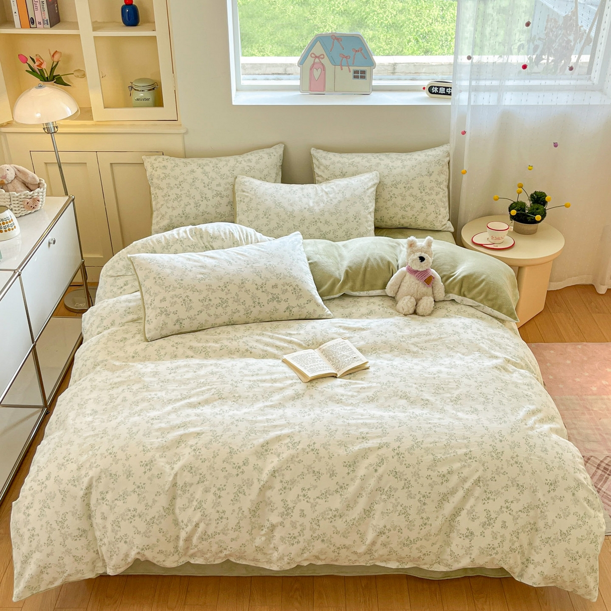 91家纺网 家纺一手货源 找家纺 麦伦家居 2025秋冬新款多功能床品全棉+牛奶绒印花四件套 春风里绿