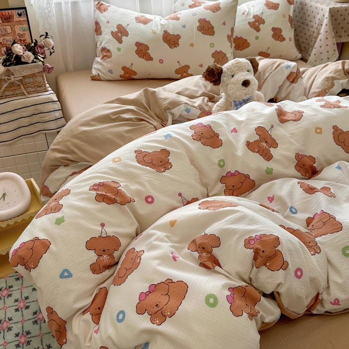 91家纺网 家纺一手货源 找家纺 花伞家居 2025新款印花双层纱四件套（提供买家秀） 樱桃小狗