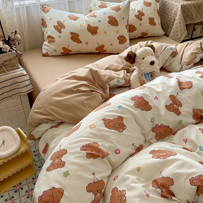 91家纺网 家纺一手货源 找家纺 花伞家居 2025新款印花双层纱四件套（提供买家秀） 樱桃小狗