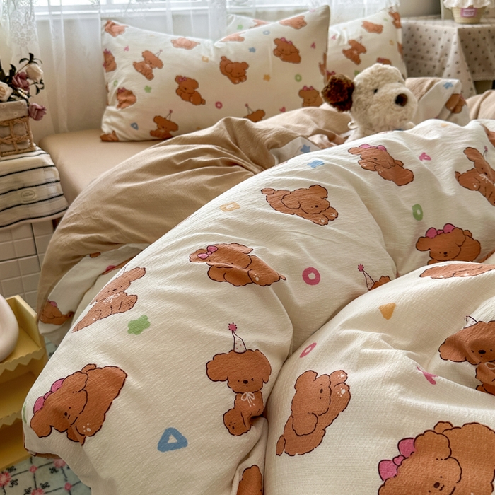 91家纺网 家纺一手货源 找家纺 花伞家居 2025新款印花双层纱四件套（提供买家秀） 樱桃小狗