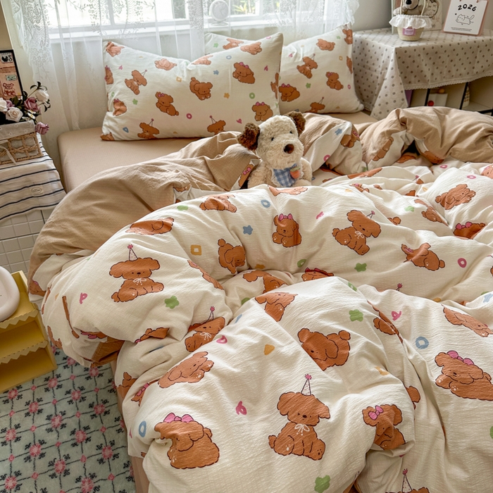 91家纺网 家纺一手货源 找家纺 花伞家居 2025新款印花双层纱四件套（提供买家秀） 樱桃小狗