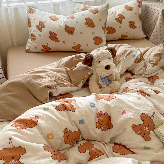 91家纺网 家纺一手货源 找家纺 花伞家居 2025新款印花双层纱四件套（提供买家秀） 樱桃小狗