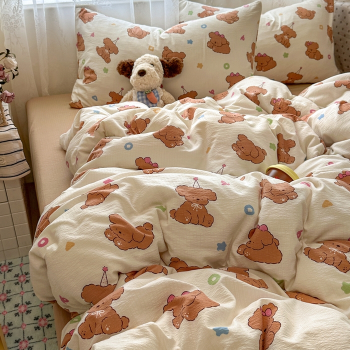 91家纺网 家纺一手货源 找家纺 花伞家居 2025新款印花双层纱四件套（提供买家秀） 樱桃小狗